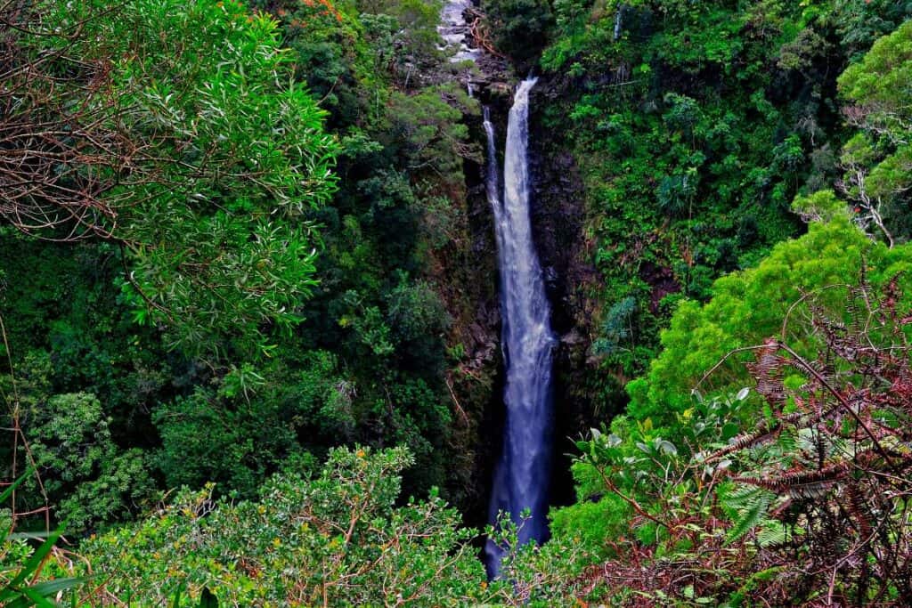 Wailua Falls, one of the best Maui waterfalls that can viewed from the comfort of your car on the road to Hana