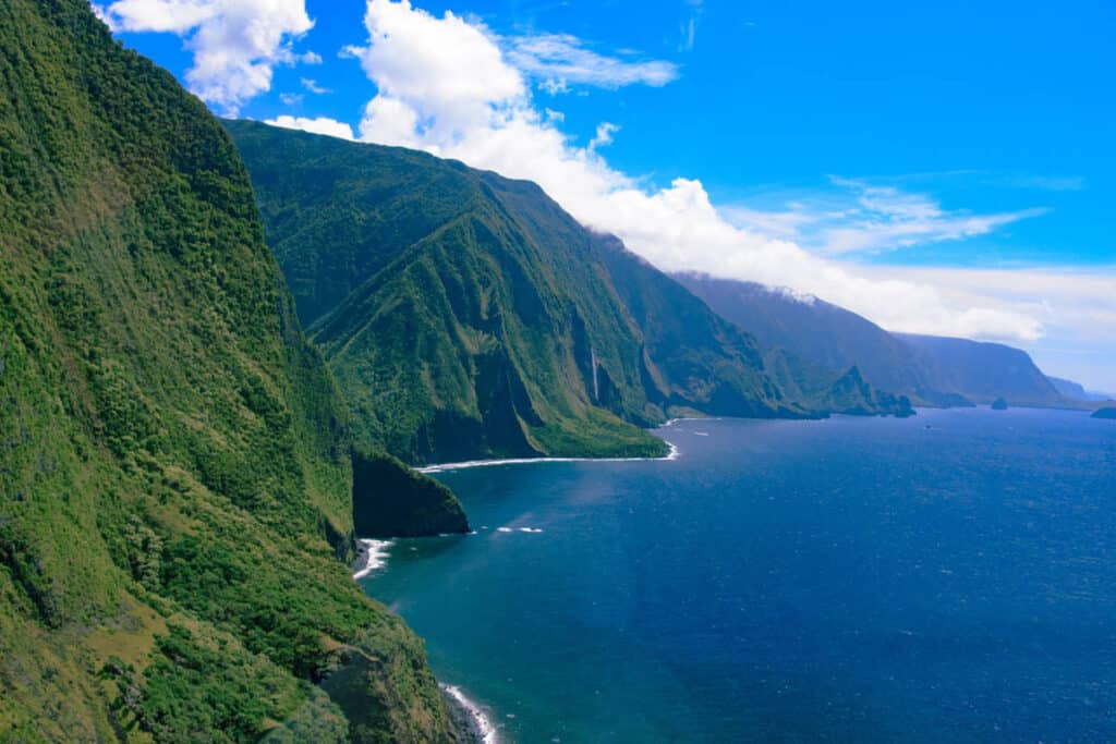 The cliffs of Molokai seen from a helicopter tour in Hawaii