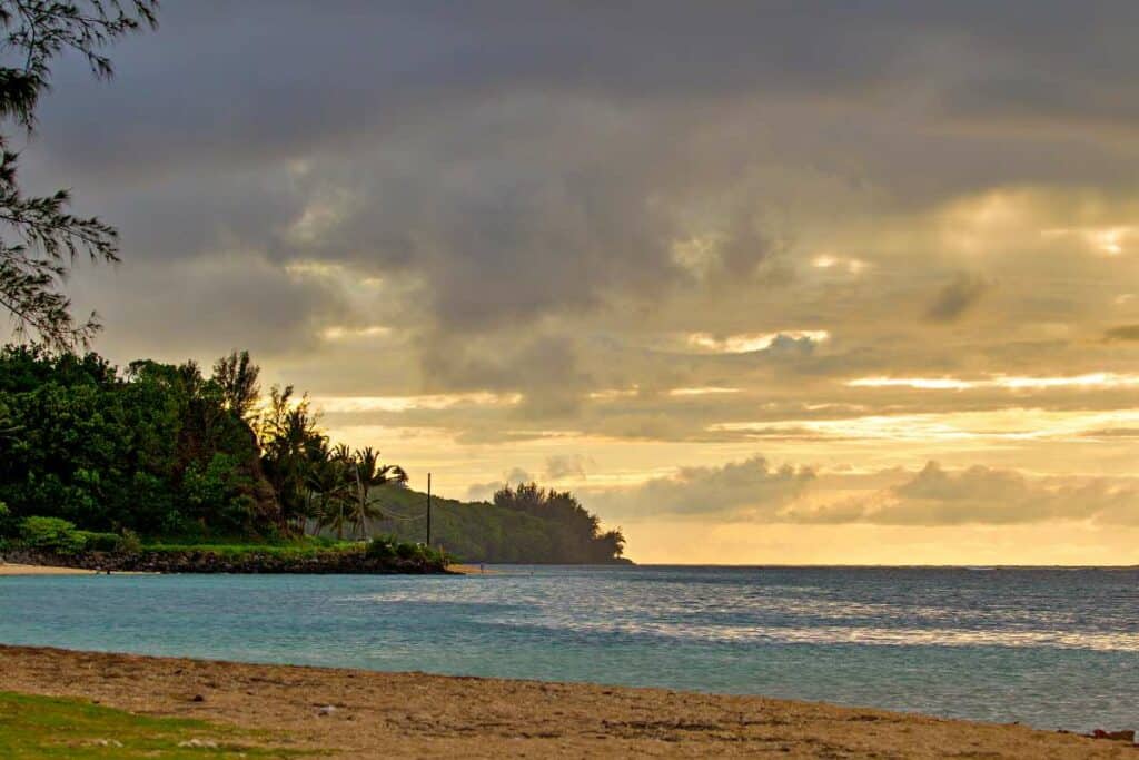 Beautiful Anini Beach with calm waters in summer, Kauai, Hawaii
