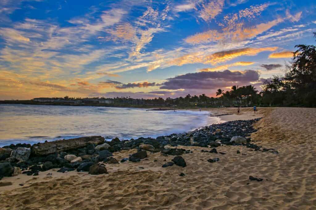 Colorful sunset at Shipwreck Beach, Kauai, Hawaii
