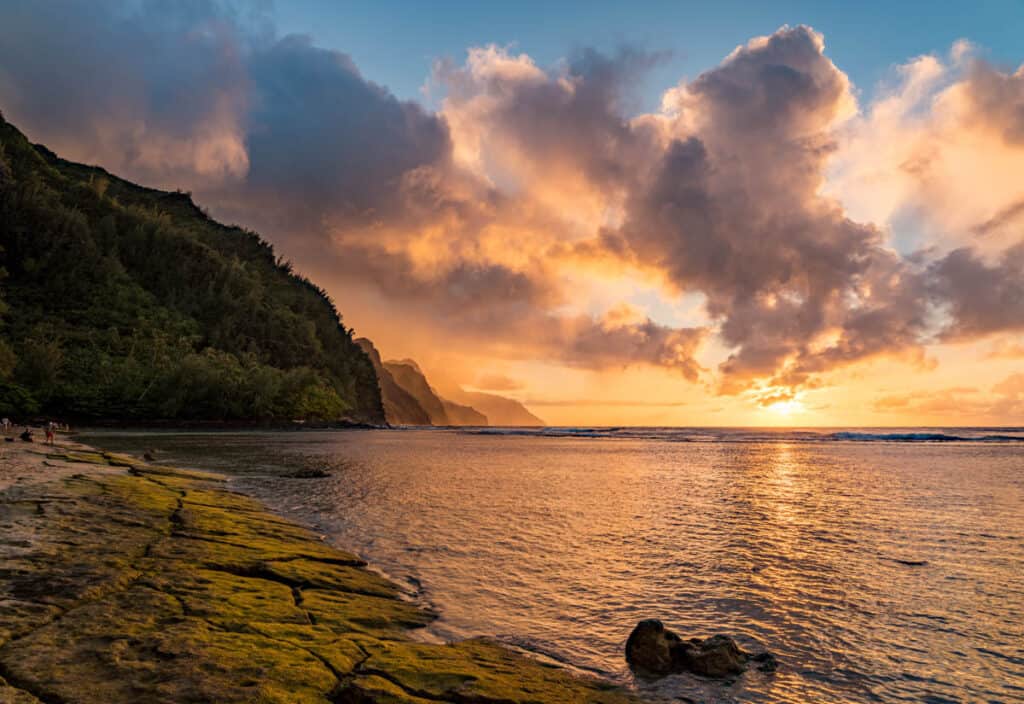Colorful sunset at Kee Beach in Haena State Park in Kauai, HI