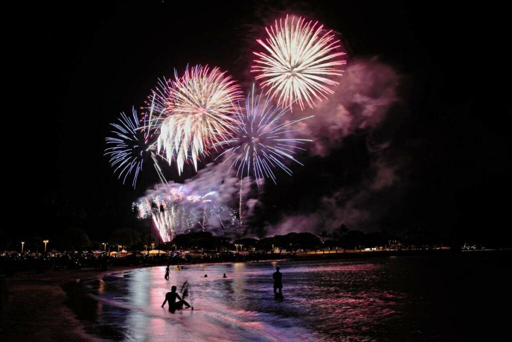 July 4th fireworks at Ala Moana Beach Park, Honolulu, Hawaii