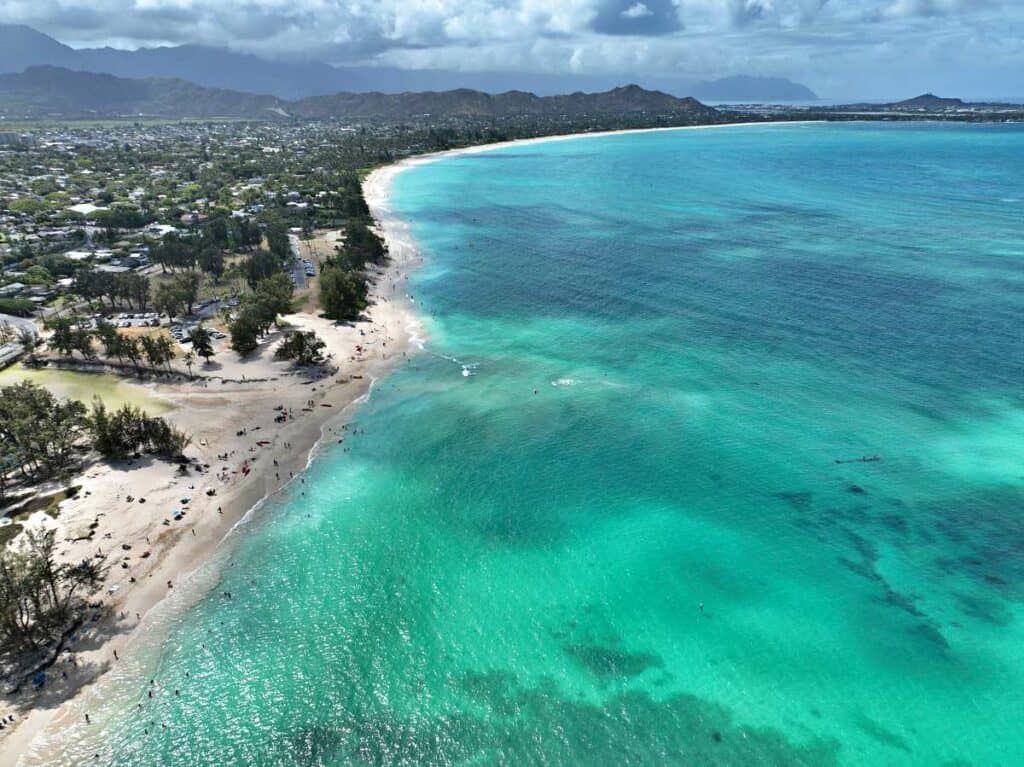 Aerial view of Kailua Bay and Kailua Beach Park, one of the best beaches on Oahu