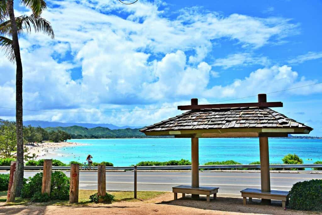 Bus stop in front of Kailua Beach, Oahu, HI