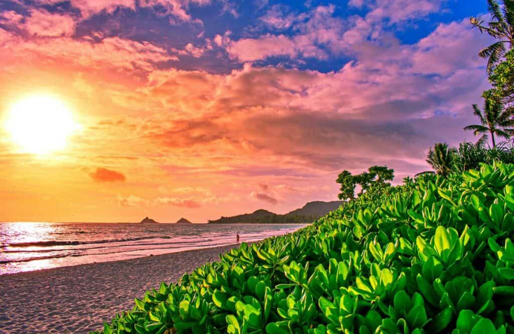 Spectacular, colorful sunrise at Kailua Beach, Oahu, Hawaii