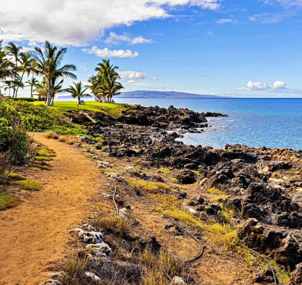 Hiking and jogging path along the shoreline near Keawakapu Beach, Maui, HI