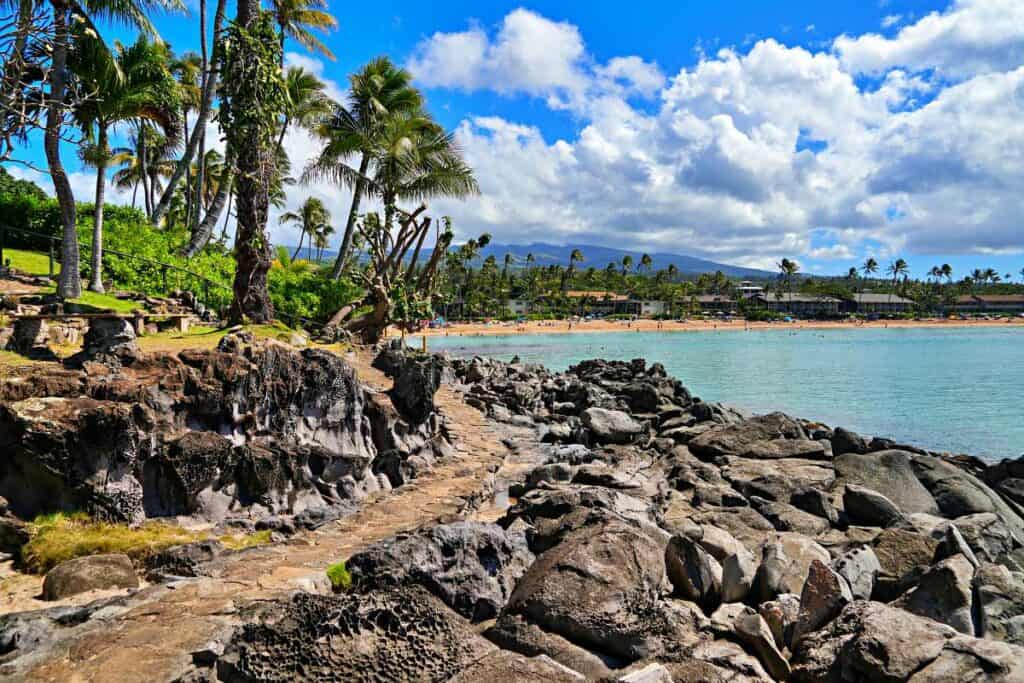 Napili Bay Beach coastline trail along Napili Bay, Maui, HI