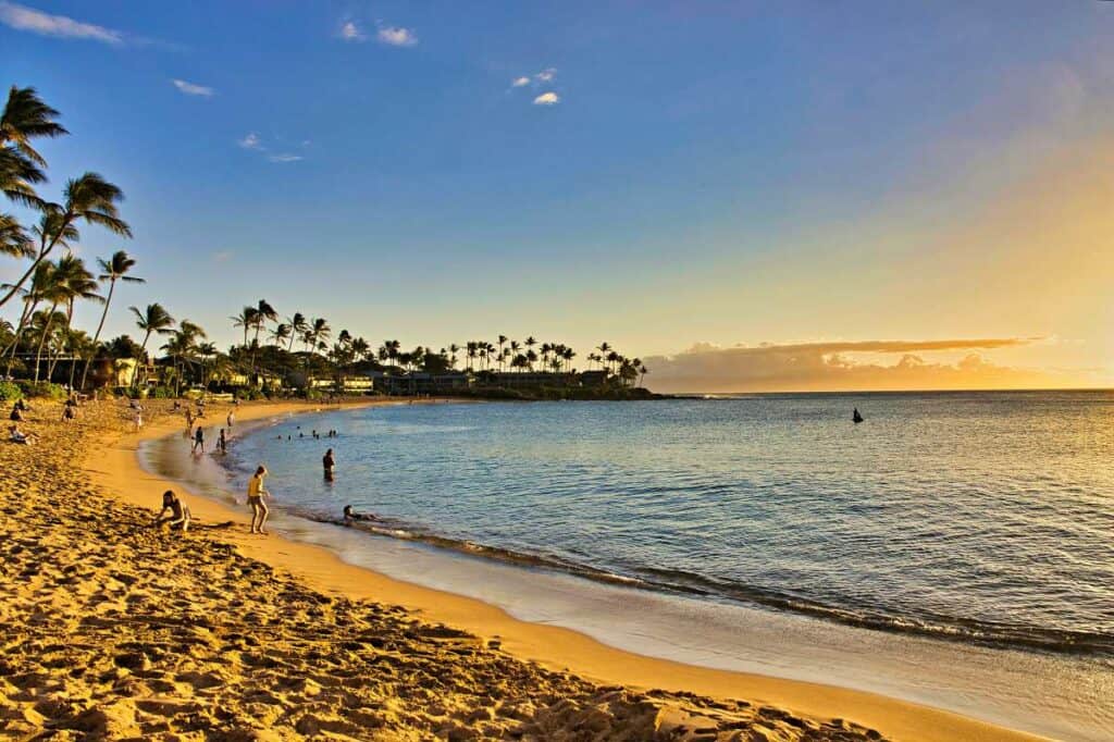 Calm summer waters at Napili Beach, perfect for families