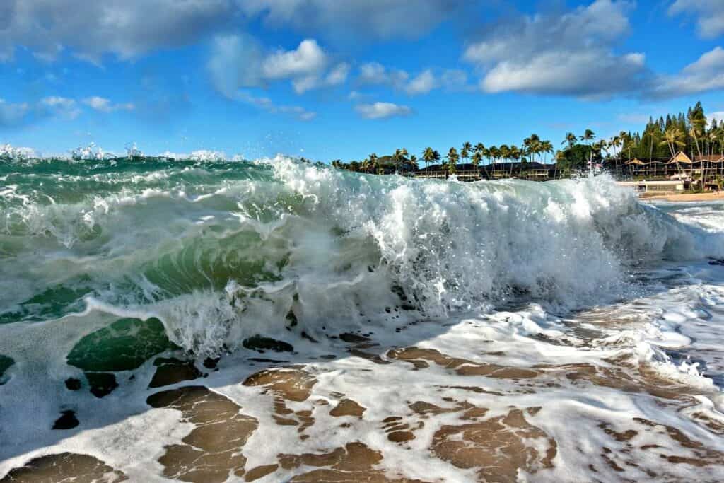 Towering waves at Napili Bay Beach, Maui, Hawaii, during swells