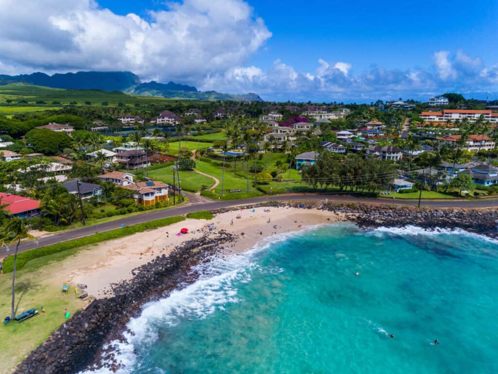 Aerial view of Brennecke's Beach in Kauai, Hawaii