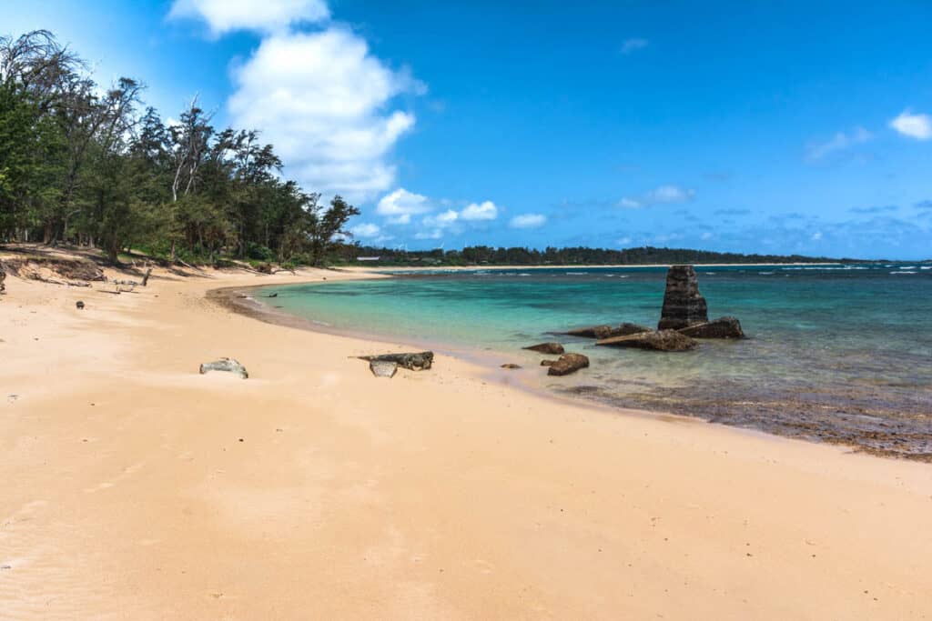 The golden sand beach at Malaekahana State Recreation Area in northeast Oahu, Hawaii
