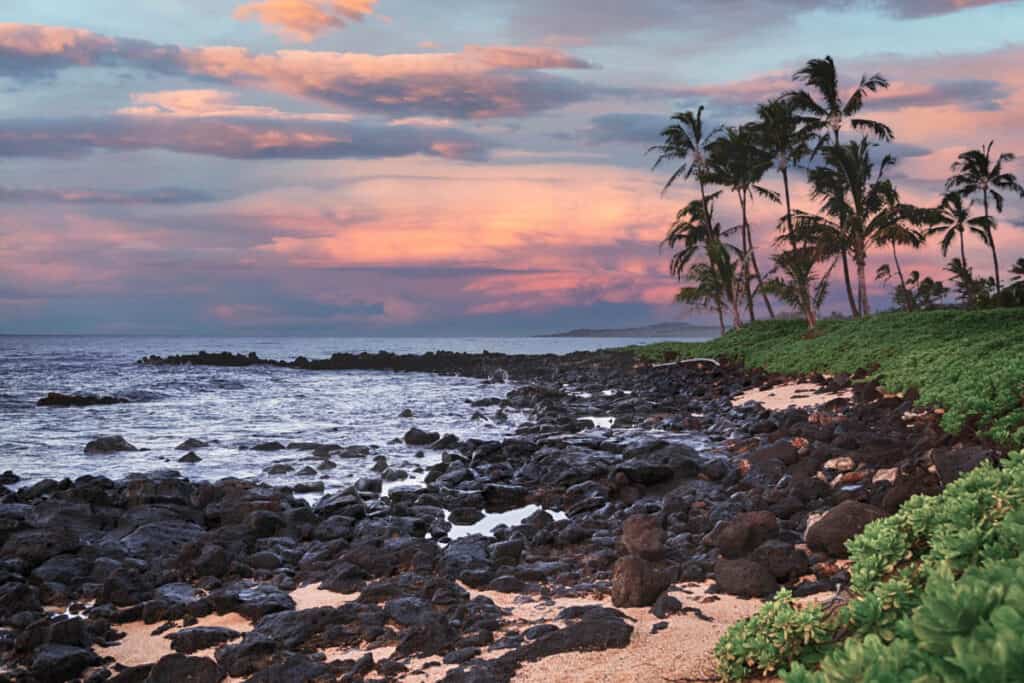 Sunset at a rocky beach in Poipu, Kauai