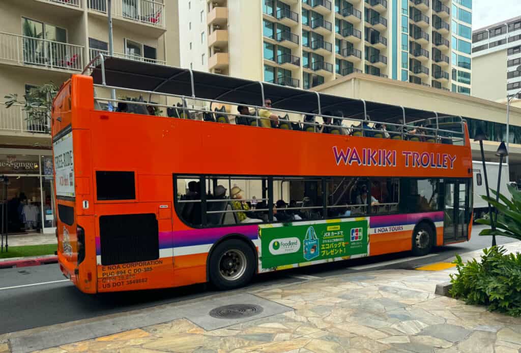 The Waikiki Trolley is one of the transportation options in Honolulu, Oahu, for tourists