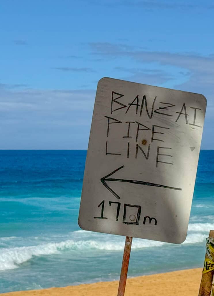 Sign for the Banzai Pipeline at Ehukai Beach on Oahu's north shore