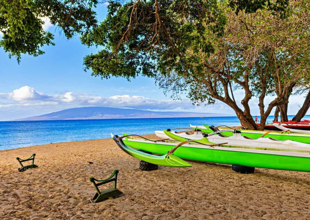 Outrigger canoes for rent at Ka'anapali Beach, Maui, Hawaii