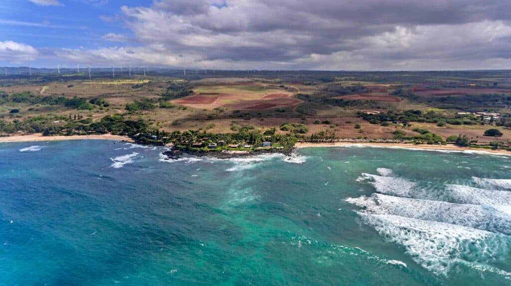Aerial view of Laniakea Beach and the North Shore of Oahu