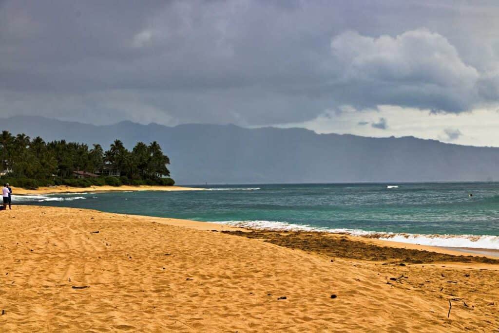 Fine golden sands on the left side of Laniakea Beach, Oahu, Hawaii