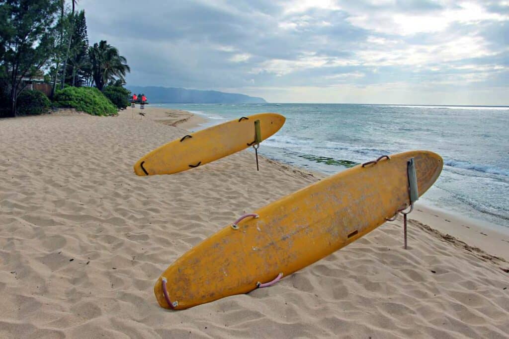 Surf boards and warning flags at Laniakea Beach, Oahu, Hawaii