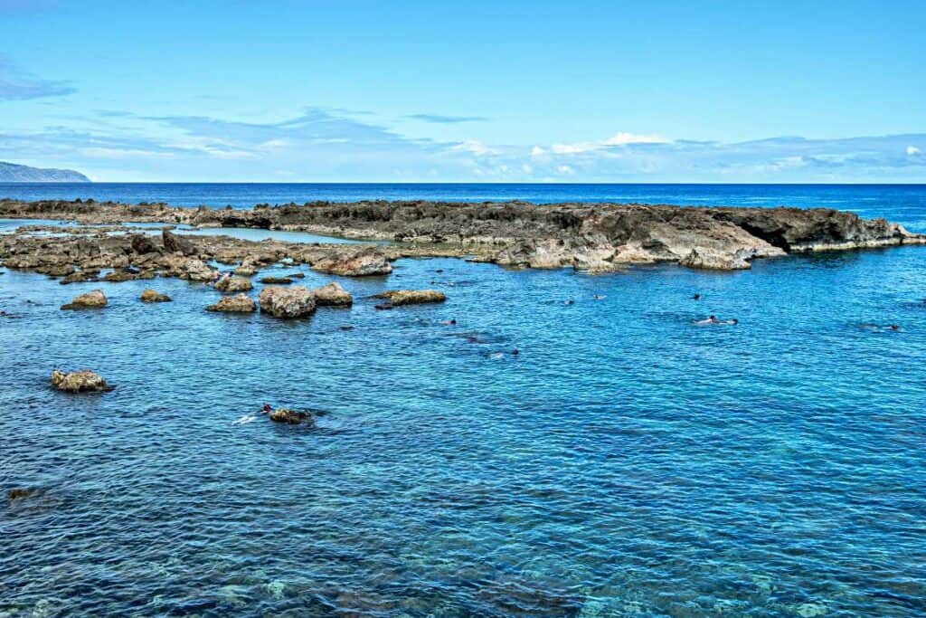 Snorkelers enjoying crystal clear, calm, summer waters at Shark's Cove, North Shore of Oahu