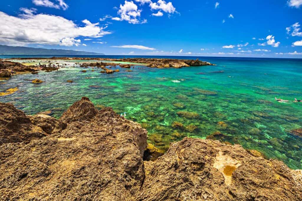 Clear, calm waters with excellent underwater visibility at Shark's Cove, North Shore of Oahu