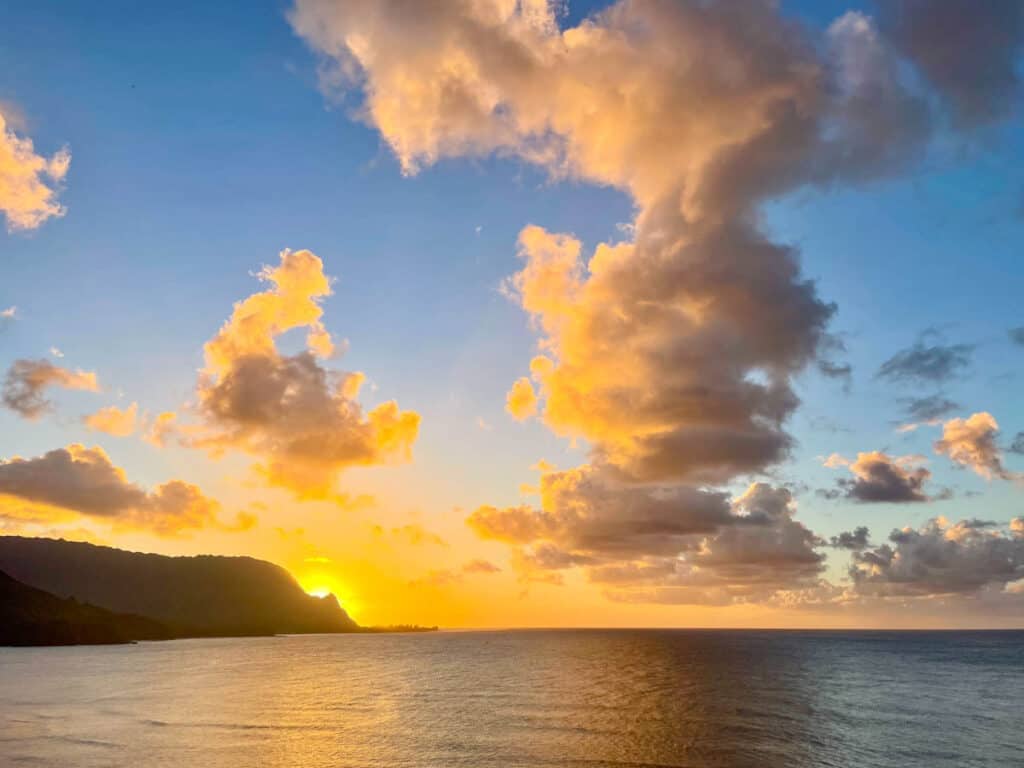 A colorful sunset at the Welina Terrace in Kauai, Hawaii