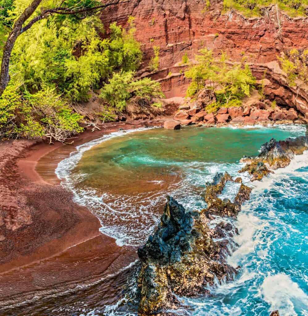 Kaihalulu Beach, one of the red sand beaches on Maui, currently closed