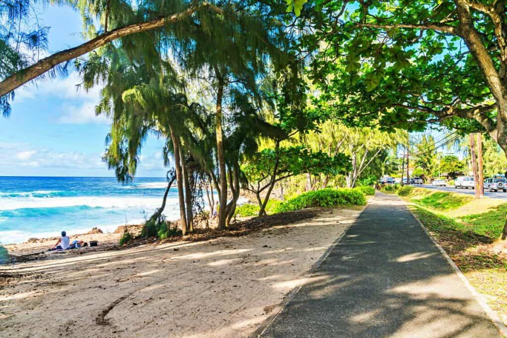 Shaded coastal walkway to Three Tables Beach, Pupukea Beach Park, North Shore of Oahu, Hawaii