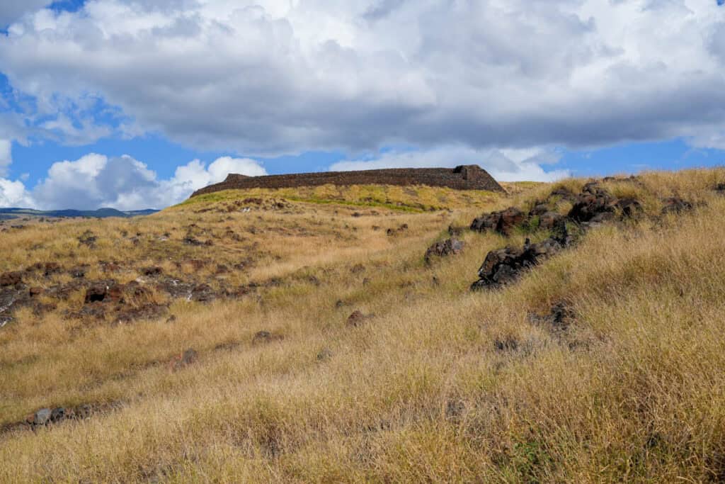 The restored stone heiau at the summit of the hill at the Pu’ukohola Heiau National Historic Site on the Big Island of Hawaii