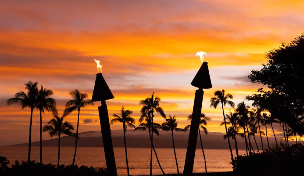 Tiki torches at a luau in Maui, Hawaii