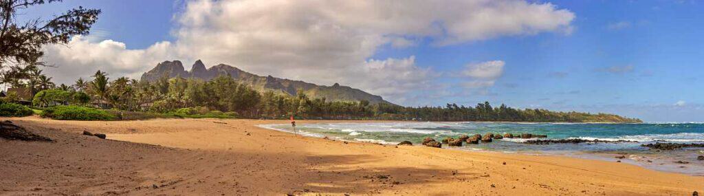 Wide beach with plenty of shade trees for relaxing at Anahola Beach Park, Kauai