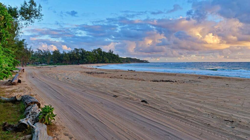 Secluded and uncrowded Anahola Beach Park, Kauai, early in the morning