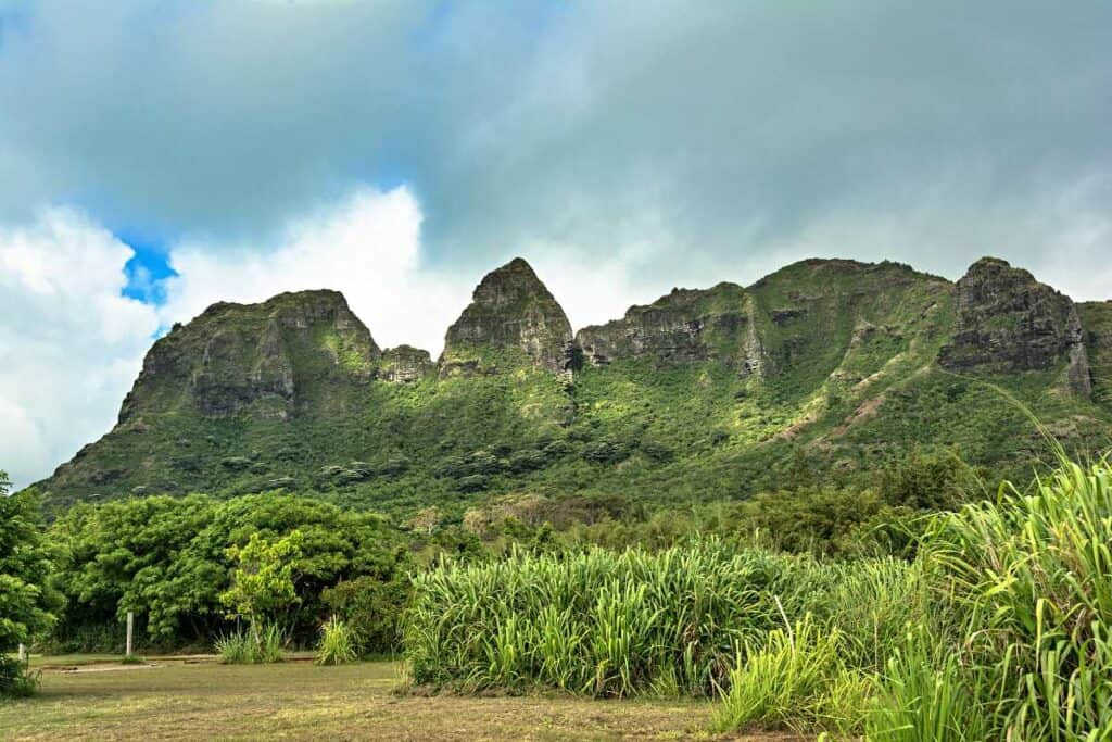 Kalalea Mountain range, a stunning backdrop to Anahola Beach Park, Kauai