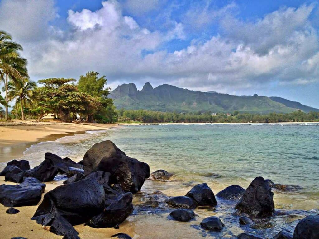 Anahola Beach Park, Kauai, against the Kealala mountains backdrop