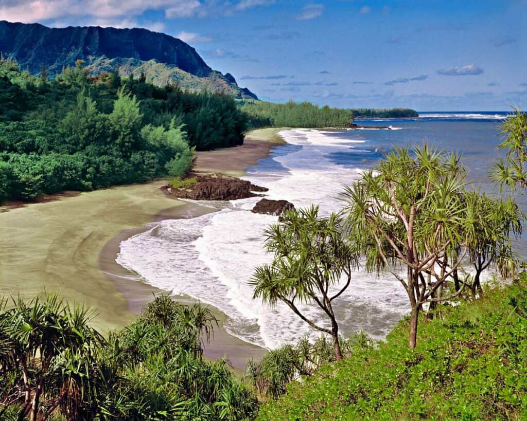Pretty Lumahai Beach, a secluded beach on the North Shore of Kauai, sometimes green in color