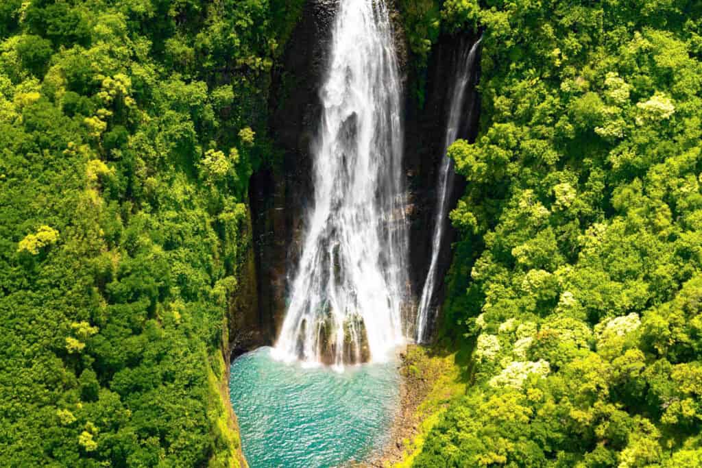 Jurassic Falls on Kauai, Hawaii, seen from a helicopter